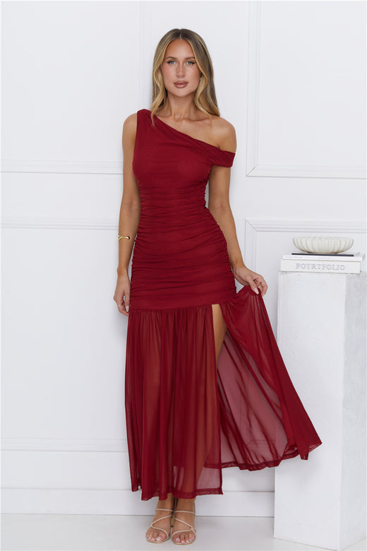 Stylish Diva Mesh Off Shoulder Midi Dress Burgundy