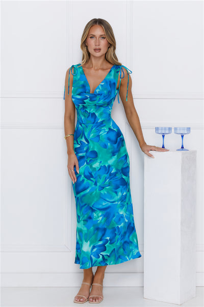 Saltwater Escape Satin Maxi Dress Blue