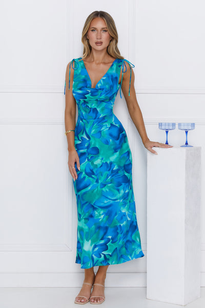 Saltwater Escape Satin Maxi Dress Blue