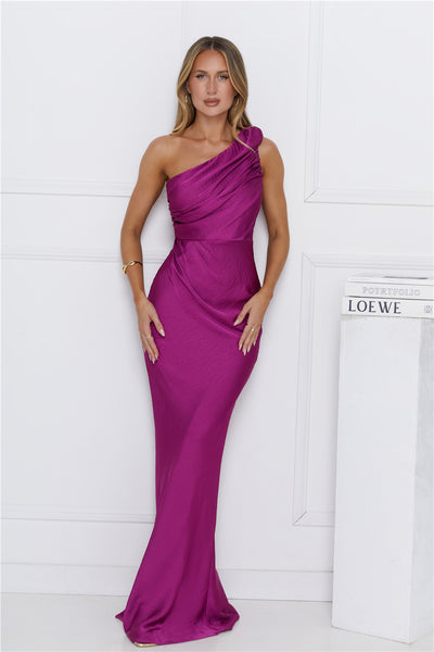 Chase Your Power One Shoulder Satin Maxi Dress Berry