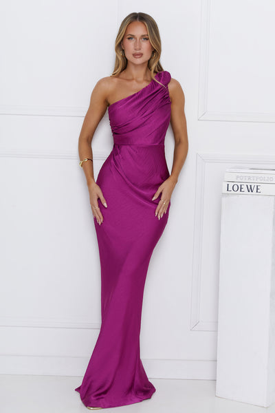 Chase Your Power One Shoulder Satin Maxi Dress Berry