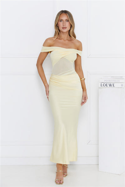 Silent Dreams Mesh Satin Off Shoulder Maxi Dress Yellow