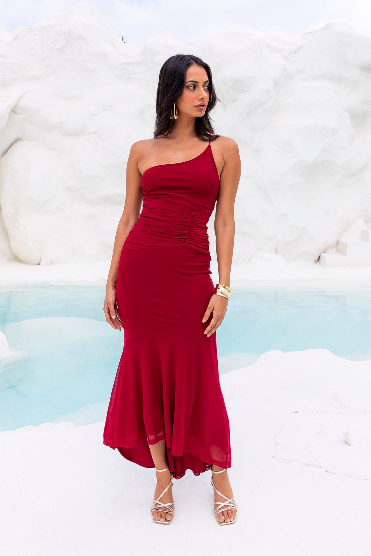 Self Expression One Shoulder Mesh Maxi Dress Red