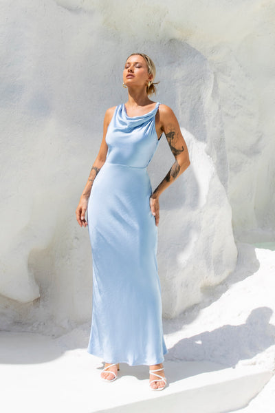 Moonlit Palms Satin Maxi Dress Blue