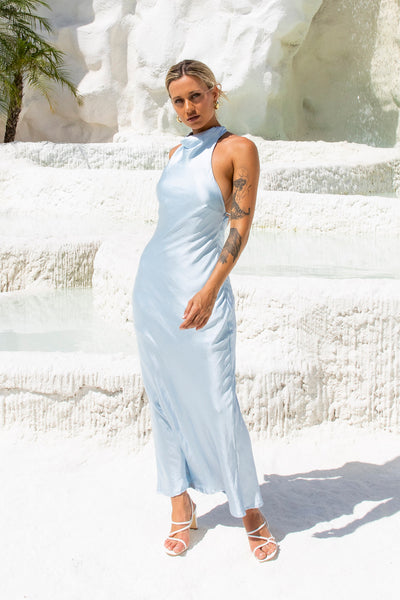 Enchanted Daybreak Halter Satin Maxi Dress Blue