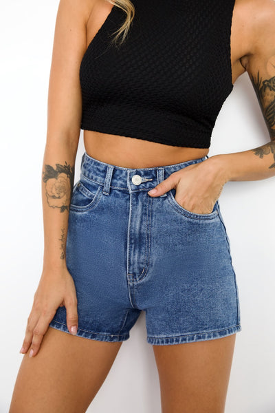 DNM High Rise Denim Shorts Mid Blue