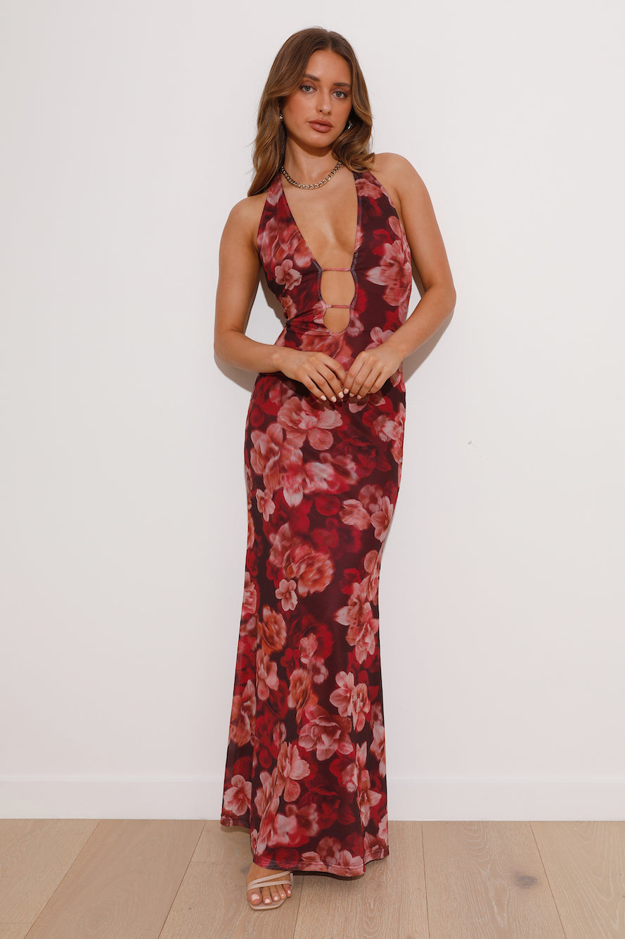 RUNAWAY Evalina Maxi Dress Wine Floral