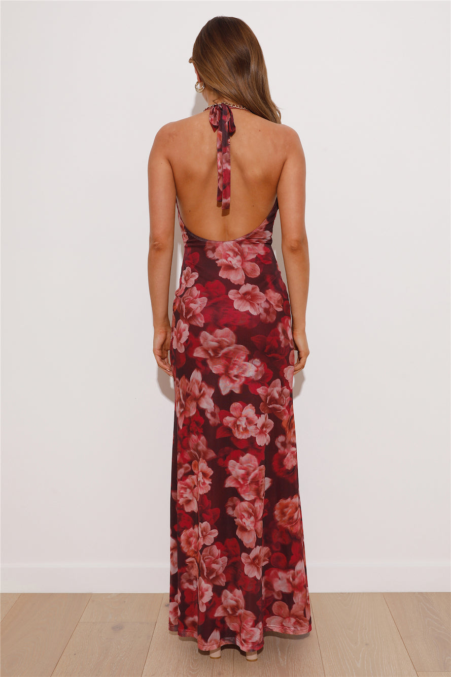 RUNAWAY Evalina Maxi Dress Wine Floral