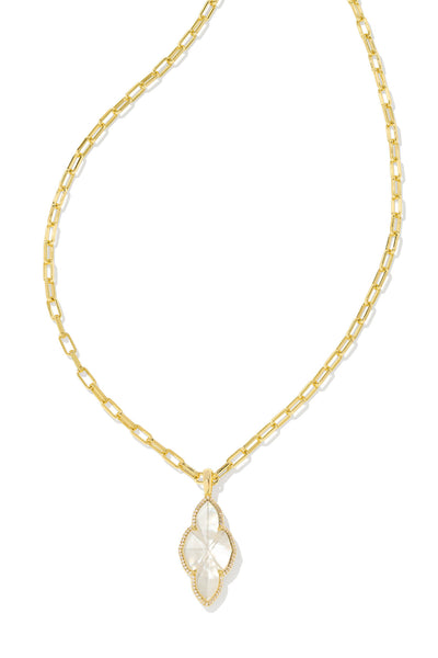 Abbie Gold Pave Frame Large Long Pendant Necklace Ivory Mother Of Pearl