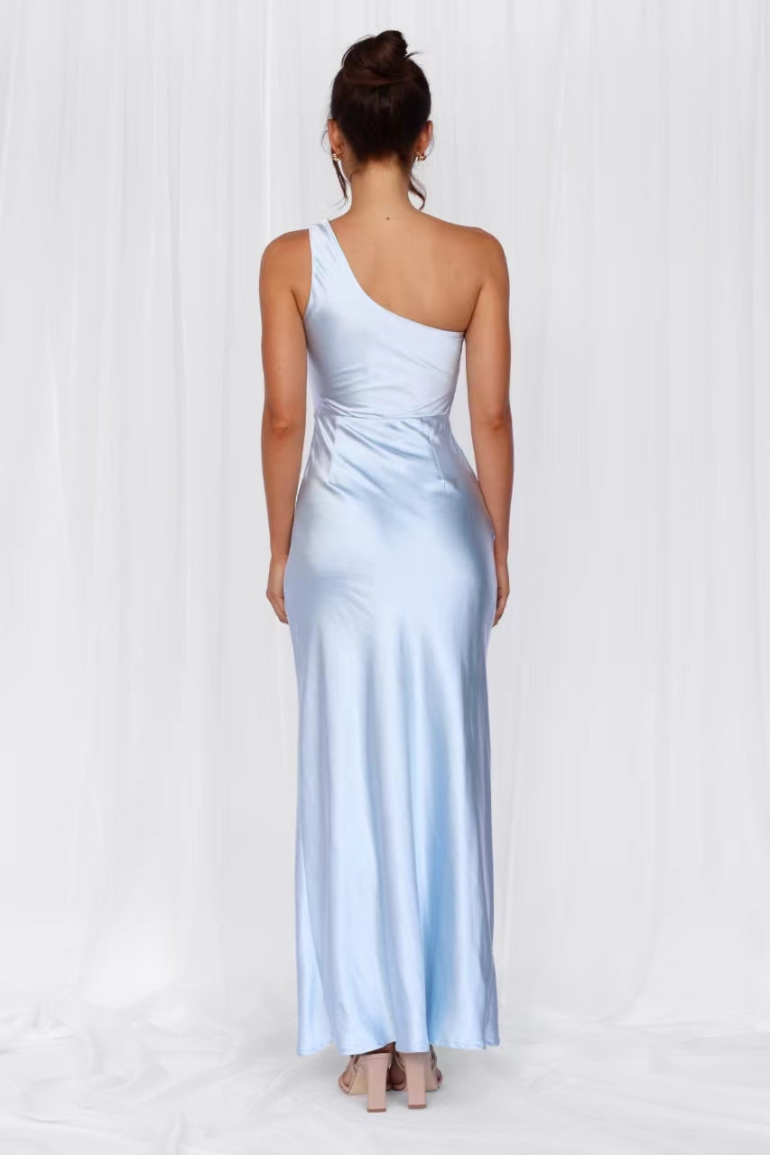 HELLO MOLLY The Aurora One Shoulder Satin Maxi Dress Blue