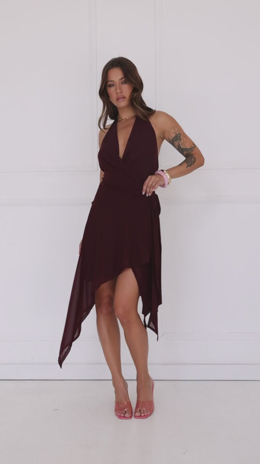 Cherry Petal Kiss Halter Midi Dress Burgundy