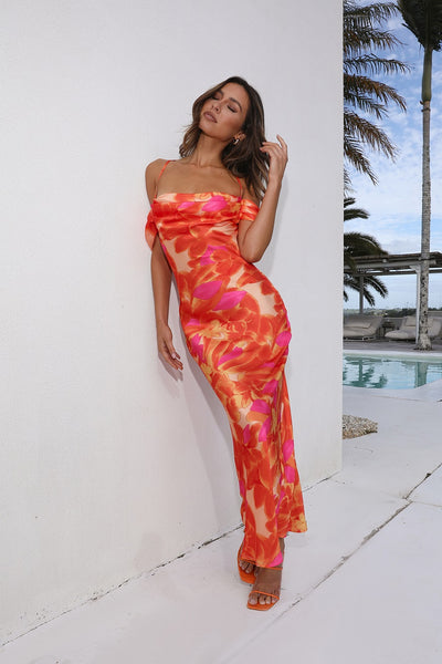 Blooming Version Satin Maxi Dress Orange