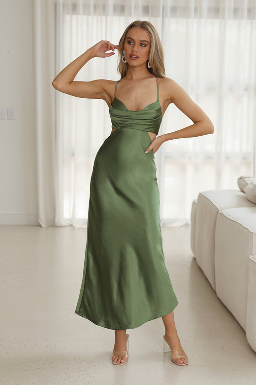 Grandest Entrance Satin Maxi Dress Olive