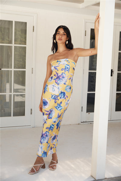 Impressive Me Strapless Satin Maxi Dress Yellow