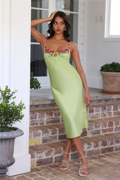 Blooming Relationship Satin Midi Dress Green