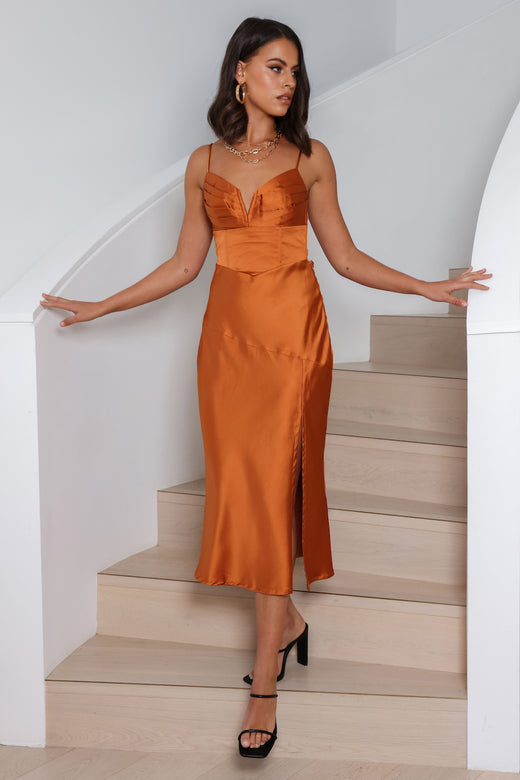 Wishful Thinking Satin Midi Dress Bronze