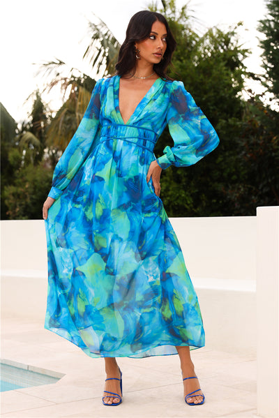 Spring Waterfall Long Sleeve Maxi Dress Blue