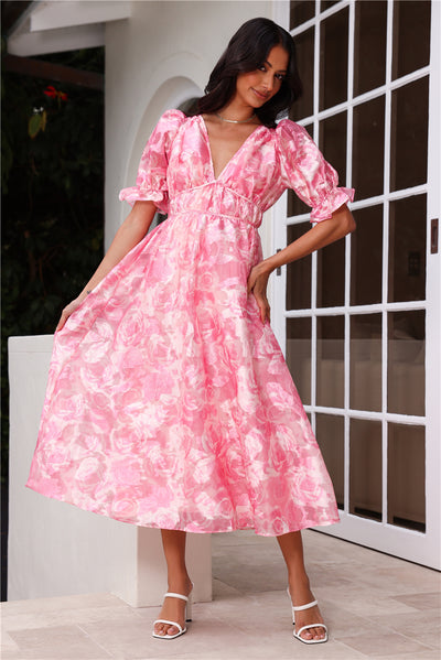 Statement To Make Puff Sleeve Midi Dress Pink