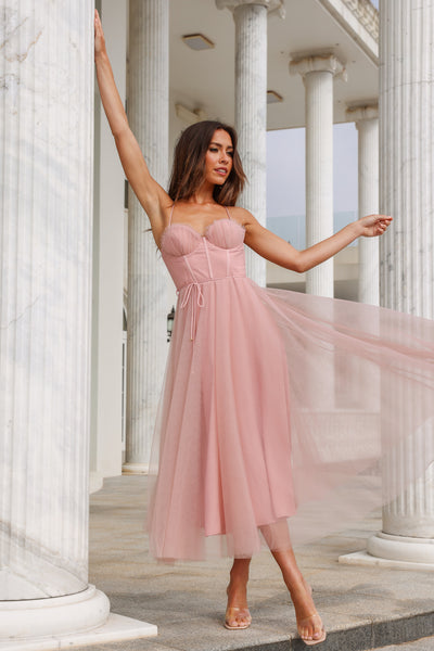 Wandering In The Light Tulle Midi Dress Blush