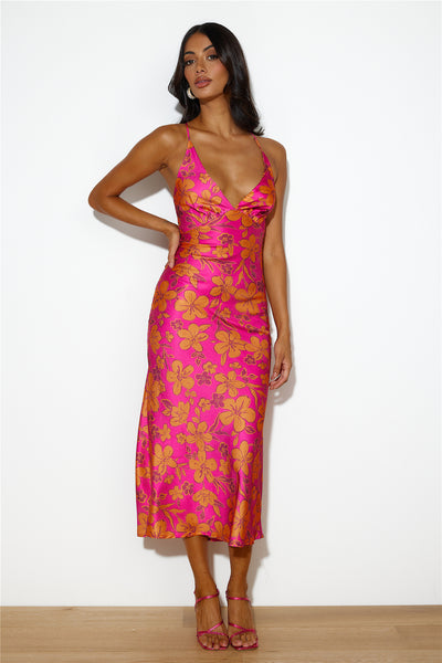 Florals On My Mind Satin Maxi Dress Pink