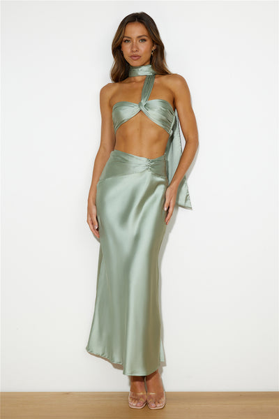 Ideal Vision Satin Maxi Skirt Sage