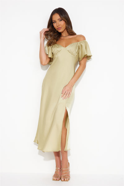 Romance In The Air Satin Midi Dress Matcha