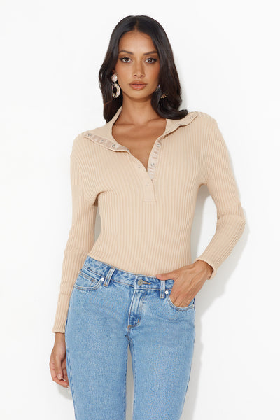 Crisp Days Long Sleeve Ribbed Bodysuit Tan