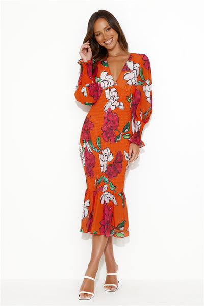 Fiesta Vibes Puff Sleeve Midi Dress Orange