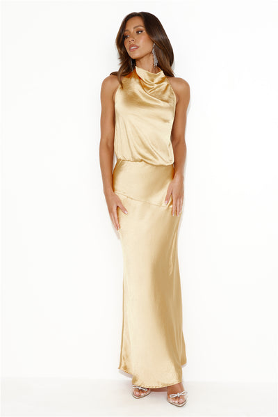 Parties Don't Stop Satin Maxi Dress Yellow