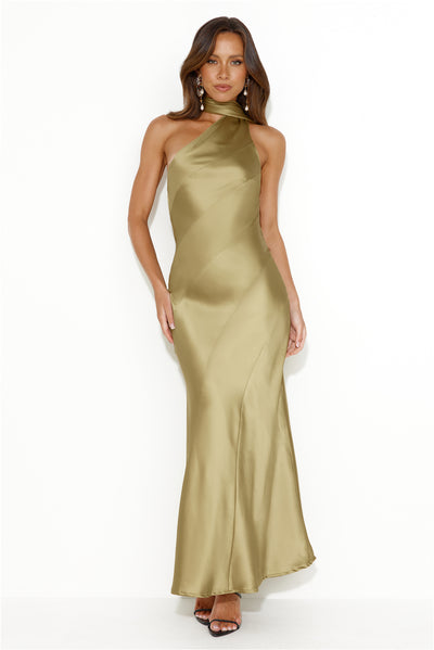 Glistening Star Satin Maxi Dress Olive