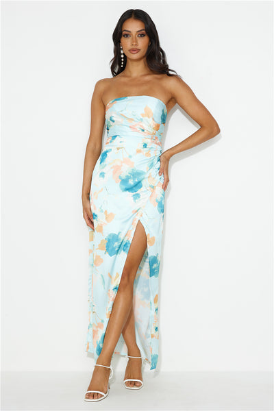 Blooming Feelings Satin Strapless Maxi Dress Blue