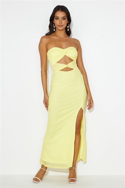 Hottest Date Mesh Strapless Maxi Dress Yellow