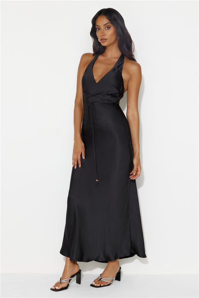 Endless City Halter Satin Maxi Dress Black