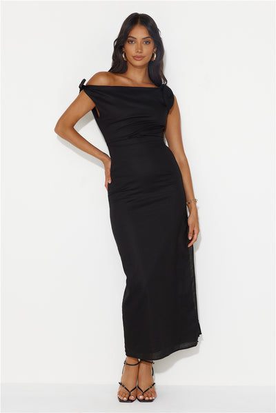 From Locations Linen Blend Off Shoulder Midi Dress Black