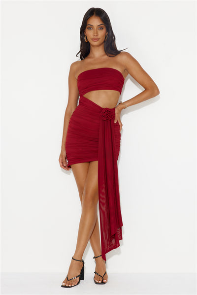 One Week Vacay Strapless Mesh Mini Dress Maroon