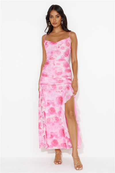 Dj's Music Mesh Frill Maxi Dress Pink