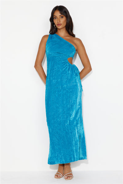 Universe Moons One Shoulder Velvet Maxi Dress Blue