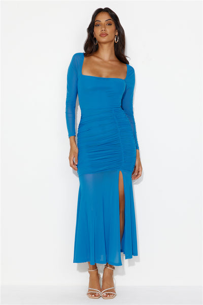 Grand Gesture Long Sleeve Mesh Maxi Dress Blue