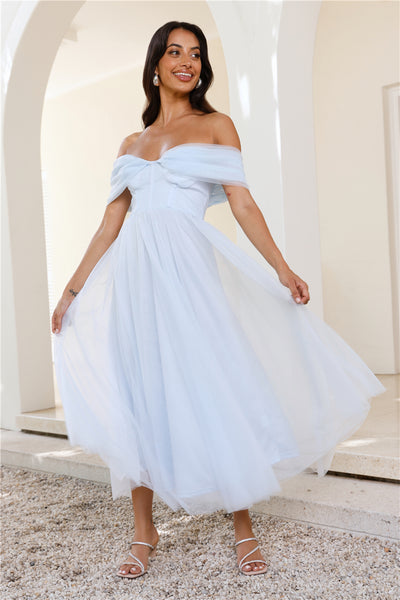 Something New Off Shoulder Tulle Midi Dress Blue