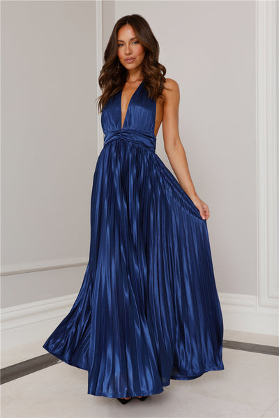 Shimmering Sea Pleated Halter Maxi Dress Navy