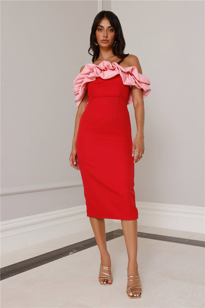 Kinsey Off Shoulder Frill Midi Dress Red