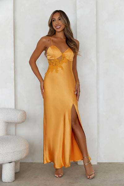 Goddess Of Dawn Satin Maxi Dress Orange