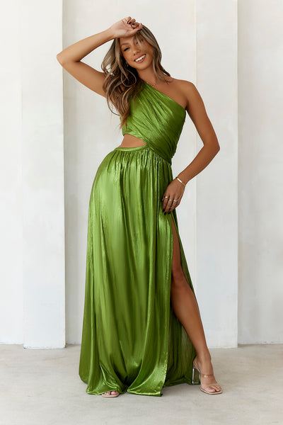 Iridescent Shimmer One Shoulder Maxi Dress Moss