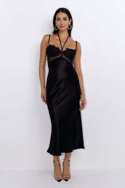 Sultry Style Satin Midi Dress Black