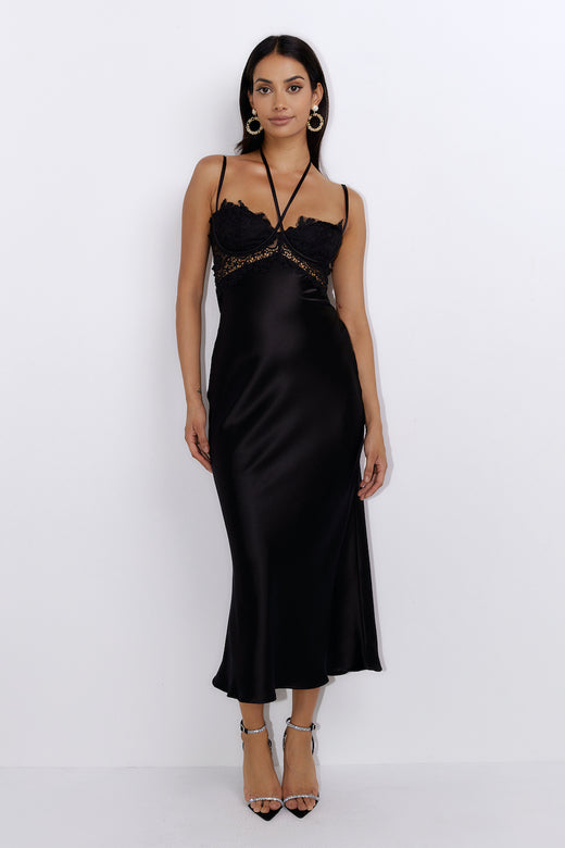 Sultry Style Satin Midi Dress Black