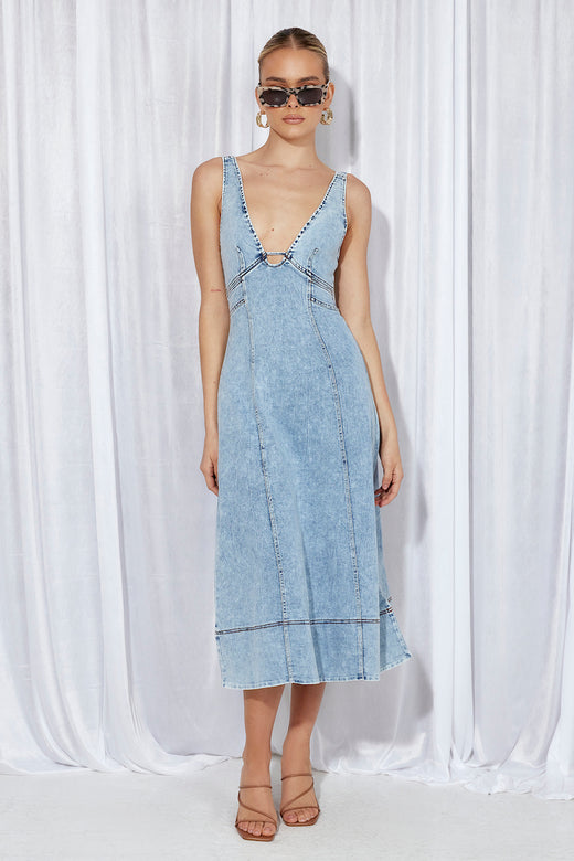 Search For New Denim Midi Dress Blue