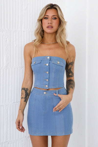 Paid Attendance Denim Crop Top Light Denim