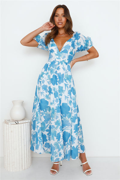 Leaves Falling Maxi Dress Blue