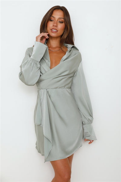 Days Of Love Long Sleeve Satin Mini Dress Sage