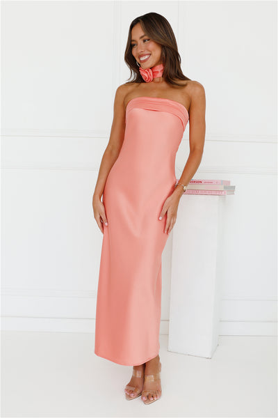 Not My Behaviour Satin Strapless Maxi Dress Peach